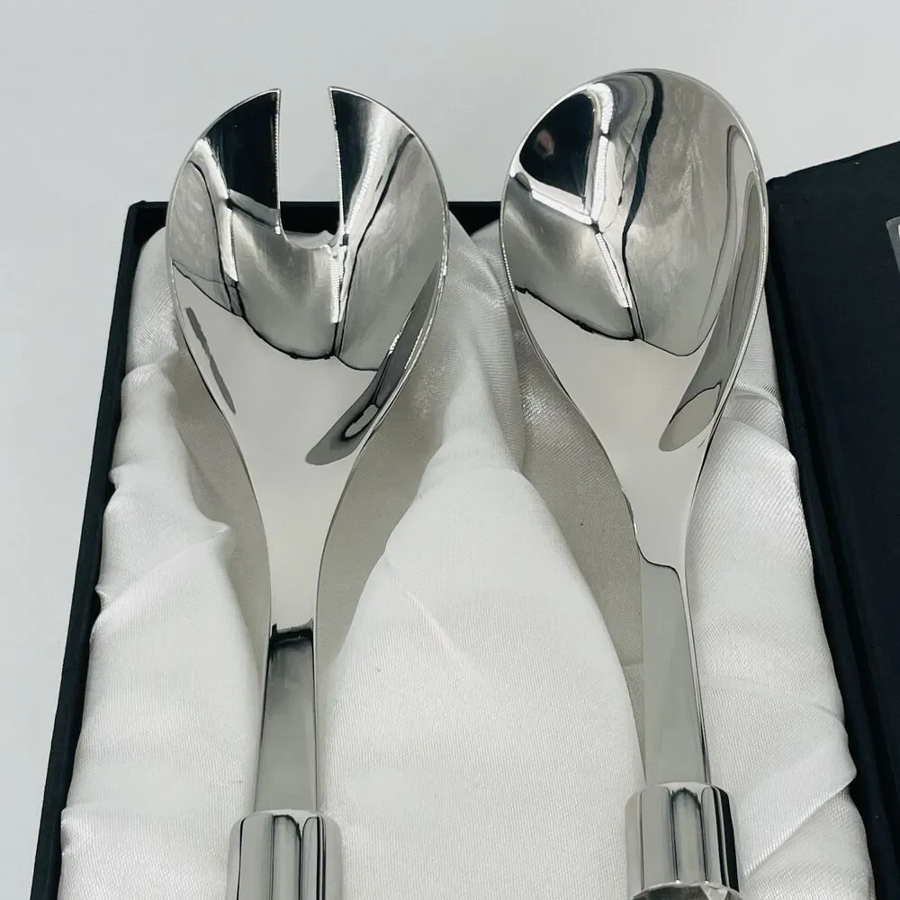 Oleg Cassini Stainless Salad Server Set Crystal Square Handles Satin Lined Box